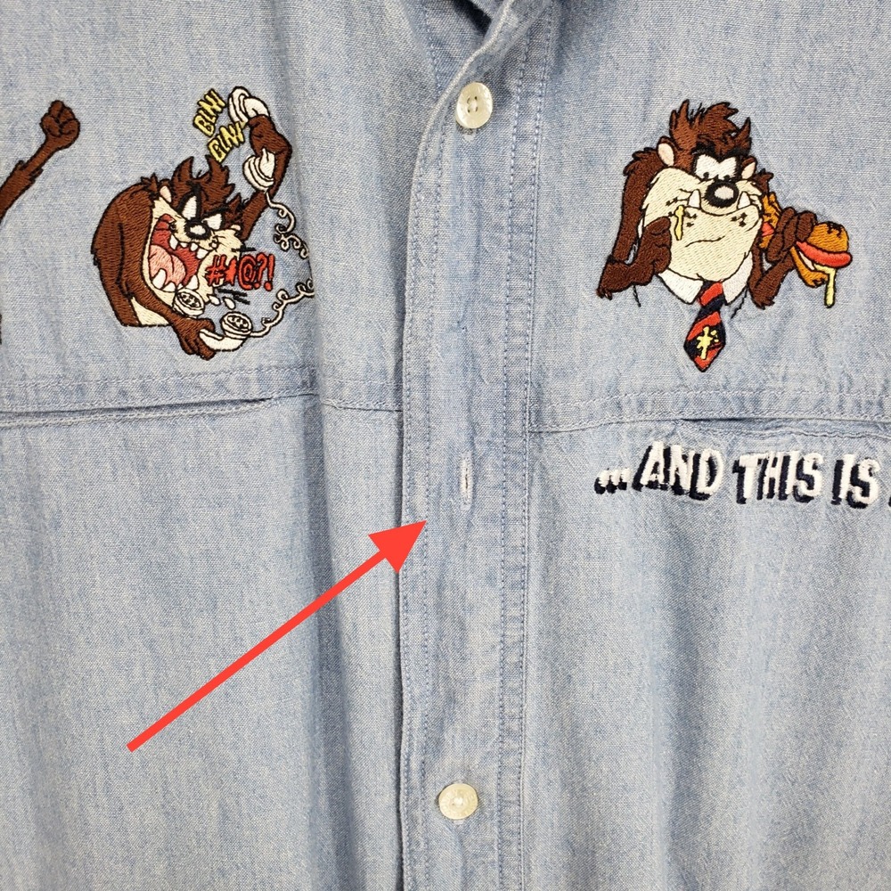 Vintage Warner Bros. Taz Tasmanian Devil Button Down Shirt Mens Large Blue Denim - Picture 8 of 10